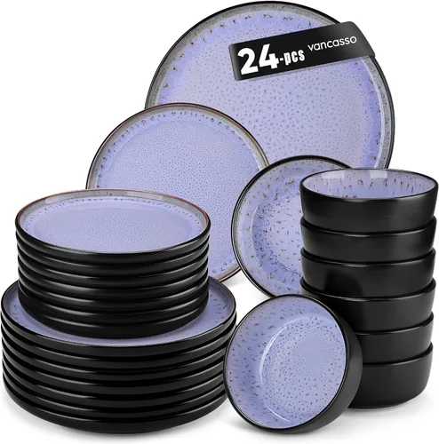 Vista 10 de vancasso Juego de platos y cuencos, juego de vajilla de gres de 18 piezas para 6, juego de platos de cocina de gres apto para microondas y Marrón