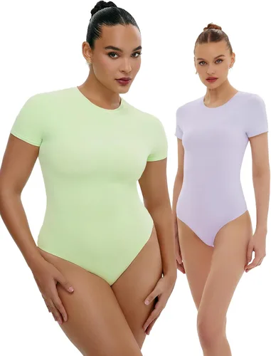 Vista 5 de Body de manga corta para mujer, camiseta de doble forro, tanga con cuello redondo, trajes de cuerpo recortados