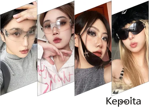 Vista 3 de Kepoita Gafas de sol Y2k sin montura para mujer, de gran tamaño, retro, a la moda, protección futurista, envolvente, sin marco, Marco negro gris.