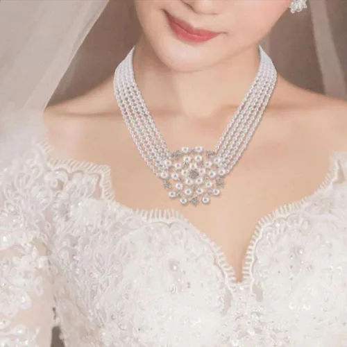 Vista 7 de Conjunto de joyería de gargantilla exagerada y elegante de múltiples capas con perlas de imitación + aretes, collar de novia, accesorios