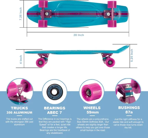 Vista 4 de Swell Skateboards Monopatín completo retro de plástico de 22 pulgadas y 28 pulgadas para principiantes, niños, niñas, jóvenes, adolescentes, adultos