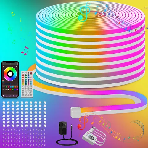 Vista 5 de Ledagic Tira de luces LED de neón RGB de 32.8 pies con aplicación, control remoto, tira de luz de neón impermeable IP65 para interiores
