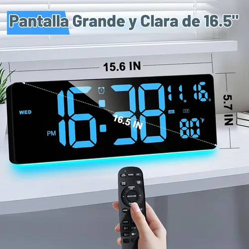 Vista 3 de XREXS Reloj de pared digital con pantalla grande, reloj de pared LED de 16.5 pulgadas con 6 luces nocturnas que cambian de color, DST automático