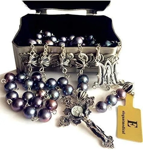 Vista 5 de elegantmedical Collar de rosario de cuentas cruzadas de plata de ley de Bali con perlas negras para mujer, Perla