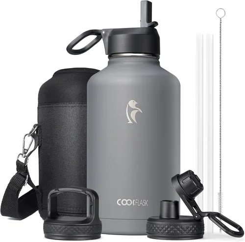 Vista 74 de Coolflask Botella de agua de 20 onzas aislada con pajilla, 3 tapas de metal de acero inoxidable, botella de agua de boca ancha para deportes u