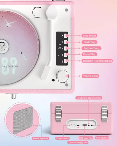 Vista 7 de Reproductor de CD con altavoces estéreo, transmisión inalámbrica de entrada/salida Bluetooth, batería recargable, reproductor de CD retro USB