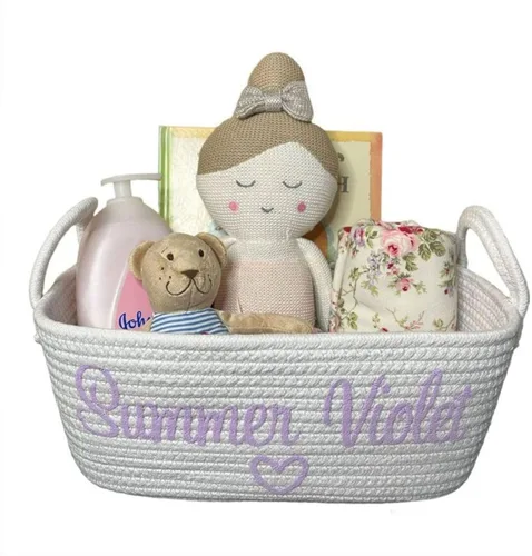 Vista 6 de Cesta personalizada con nombre de bebé, cesta de regalo para baby shower, organizador de pañales para bebé, organizador de pañales de cuerda