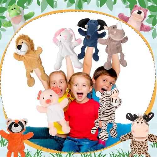 Vista 5 de Wettarn 10 piezas de marionetas de animales de mano de 12 pulgadas de felpa suave, diseño de león, orangután, jirafa, tigre, cerdo, elefante