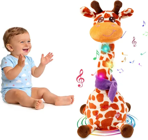Vista 9 de Jirafa que habla bailando con cuernos dorados, juguete de peluche para bebé que repite lo que dices, juguete musical con cuernos dorados, regalos