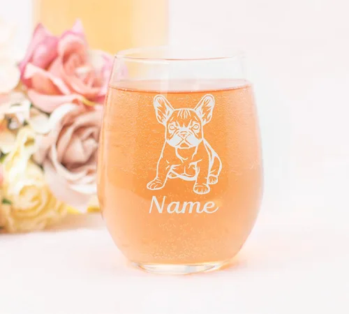 Vista 3 de C M Vaso de vino sin tallo personalizado para perro Bulldog francés con nombre, 17 onzas, regalo personalizado para perros para mujeres y hombres