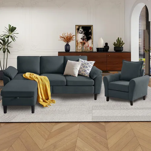 Vista 3 de Juego de sofá seccional convertible de 79", sofá moderno pequeño en forma de L de lino con otomana reversible y silla de acento, sofás de 3 asientos