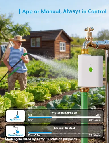 Vista 5 de meross Temporizador de agua WiFi para manguera de jardín, temporizador de manguera inteligente con entrada y salida de latón, válvula de rociador