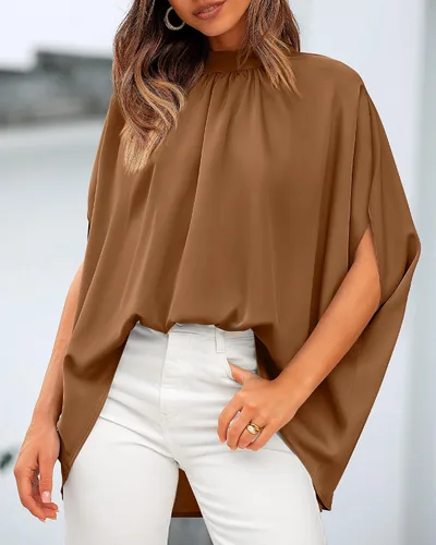 Vista 6 de BTFBM Blusas de verano para mujer, cuello alto falso, manga murciélago, holgadas, dobladillo alto y bajo, blusas informales de gran