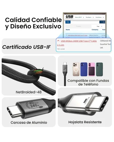 Vista 5 de Silkland Cable USB 4 de 40 Gbps para Thunderbolt 4 de 4 pies, 240 W PD3.1