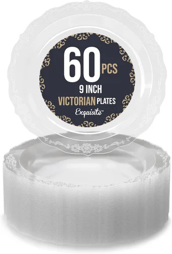 Vista 22 de SIZENAME - Platos de plástico desechables, diseño victoriano de calidad premium, color crema, para fiestas y bodas, 60