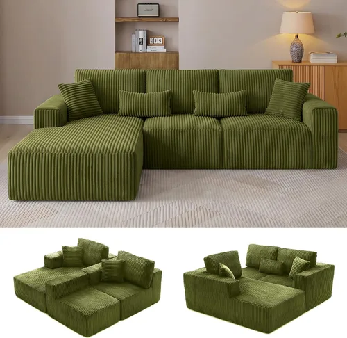 Vista 21 de Sofá modular en forma de L de 108 pulgadas, sofá modular sin hueso para sala de estar, cómodo sofá esponjoso de pana con asiento profundo Camel