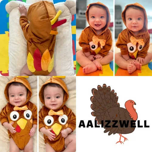 Vista 2 de Traje de Acción de Gracias para bebés y niños overol con capucha de pavo para niñas