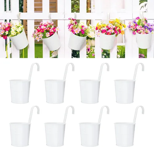 Vista 9 de KINGLAKE Macetas de flores, 10 macetas de metal para colgar en hierro, balcón, jardín, plantas, cestas para vallas, 4 pulgadas, soportes para flores