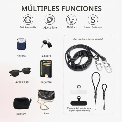 Vista 5 de Correa cruzada para teléfono con 2 almohadillas, cuero y correa de dedo ajustable, compatible con la mayoría de teléfonos inteligentes (negro)