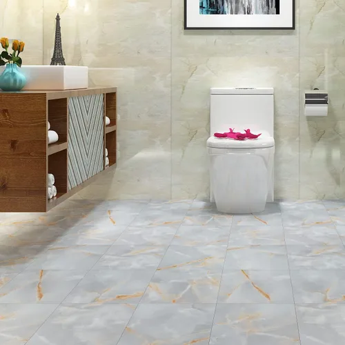 Vista 3 de FunStick Azulejos de mármol para baño, 12 x 12 pulgadas, vinilo adhesivo de color gris dorado, azulejos adhesivos para suelos de cocina, inquilinos