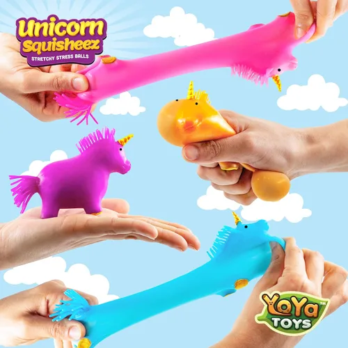 Vista 2 de YoYa Toys Unicorn Squisheez - Pelotas esponjosas para aliviar el estrés (juego de 4) Juguetes mágicos elásticos para niños, niñas y adultos