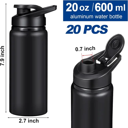 Vista 5 de Potchen - Paquete de 20 botellas de agua de aluminio con tapa a presión, color negro, 20 onzas