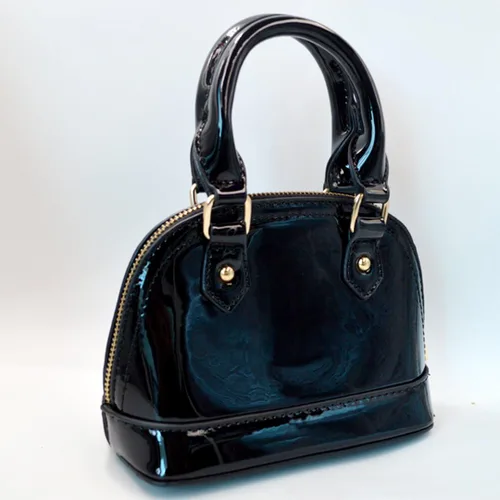 Vista 7 de Cremallera alrededor de la bóveda de cuero de patente Satchel Mini Top Handle Tote Bag Shell Shape Monedero Bolsos
