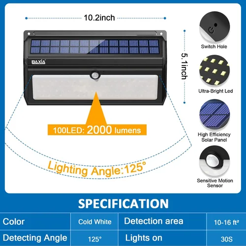 Vista 6 de Luces solares para exteriores, impermeables, 100 luces LED con sensor de movimiento solar con gran angular súper brillantes luces de pared