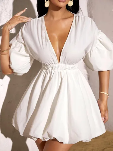 Vista 4 de WDIRARA Vestido de cintura elástica con cuello en V profundo y manga abombada para mujer