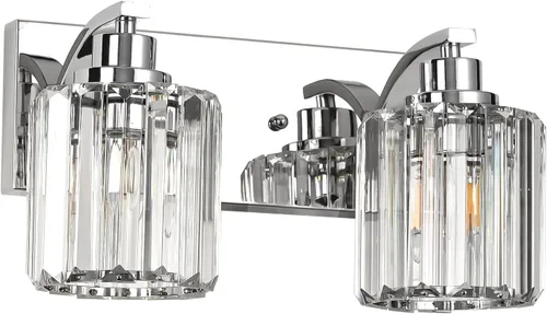 Vista 9 de 2 luces de cristal para tocador de baño, moderna cromada, accesorios de iluminación de baño sobre espejo para espejo base E26
