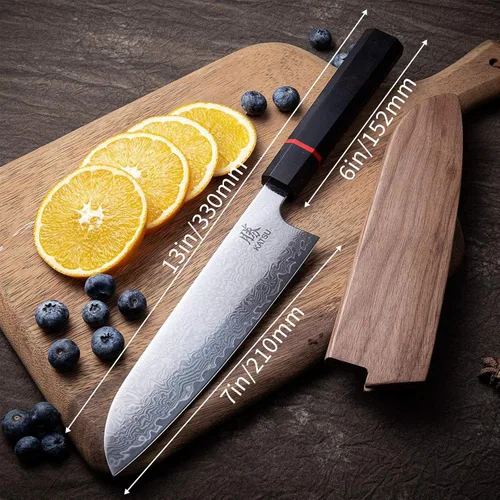 Vista 6 de Cuchillo Santoku de cocina, acero de damasco, cuchillo de cocina japonés, mango de madera octogonal hecho a mano, funda de madera y caja de regalo