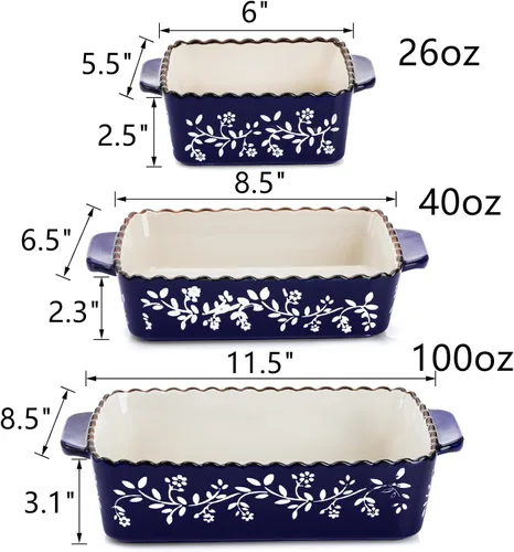 Vista 2 de AVLA Juego de 3 utensilios de cerámica para hornear, de porcelana, rectangulares, para lasaña, para cocinar, cazuelas, pasteles, cena, 12 x 8.5 x 6