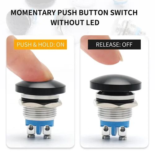 Vista 4 de STARELO Interruptor momentáneo de botón de presión de 16 mm con cabeza de hongo, metal de acero inoxidable IP65 impermeable 2Pin SPST 1NO 5A 250V AC