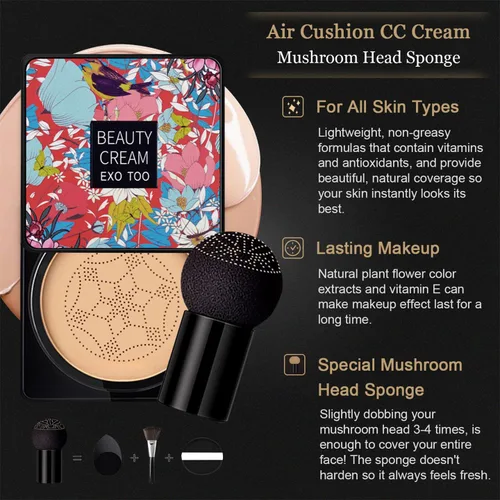 Vista 2 de 2 piezas de crema CC con cojín de aire de cabeza de hongo, corrector de cobertura completa y maquillaje de base impecable, cubierta de tatuaje