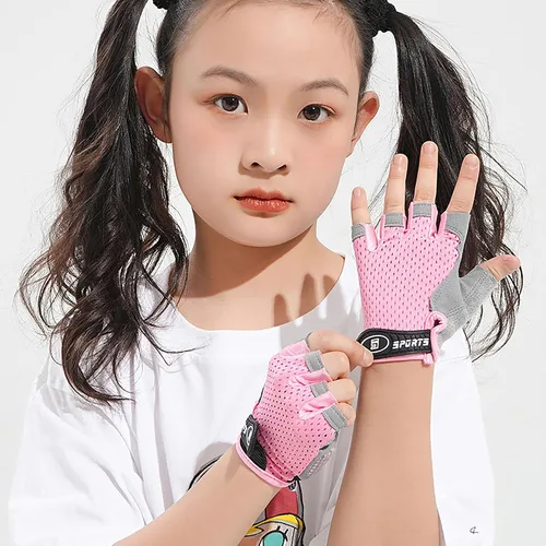 Vista 6 de Girls Half Finger Bike Gloves Fingerleses Cycling Non Slip Sun Protection Riding Gloves for Youth Kids 3-8T 7-15T