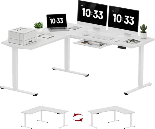 Vista 33 de SANODESK - Escritorio de pie en forma de L, altura ajustable, escritorio de esquina eléctrico, mesa de computadora ajustable de 63 x 48 pulgadas