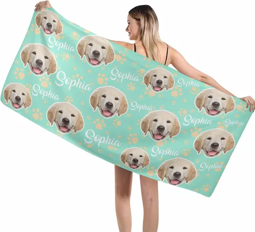 Vista 6 de MyPupSocks Toallas de playa personalizadas para niños y adultos, toalla de piscina con nombre y cara de perro, regalos personalizados con nombre