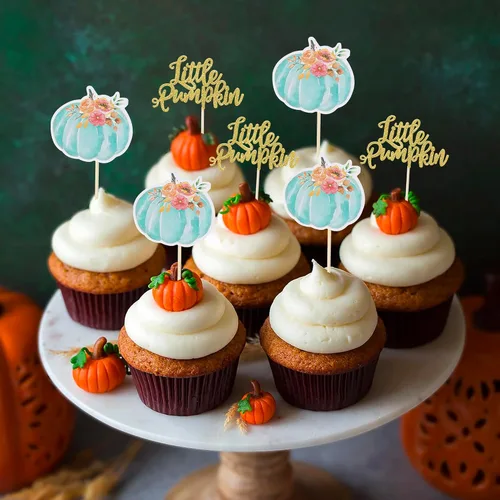 Vista 6 de Rsstarxi Paquete de 36 adornos para cupcakes de calabaza pequeña, revelación de género, baby shower, fiesta, decoración de tartas, calabaza