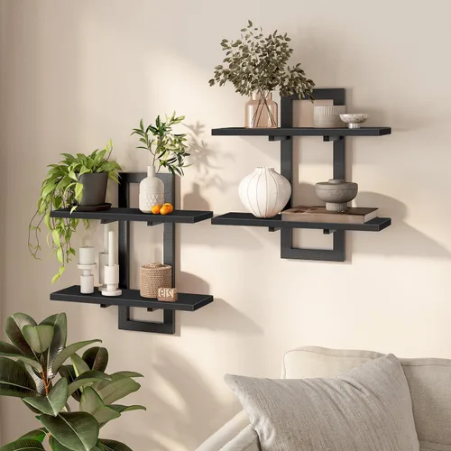 Vista 8 de HOOBRO - Estantes flotantes, juego de 2 estantes de pared de 15 pulgadas, estantes de almacenamiento montados en la pared de 2 niveles, estantes