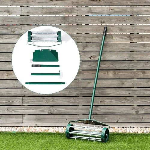 Vista 6 de Goplus Aireador de césped rodante, 18 pulgadas para jardín y patio, con púas de empuje giratorias, para aireación de suelo, herramienta de aireación