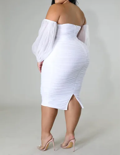Vista 4 de Vestido midi sexy de manga larga abombada con hombros descubiertos para mujer, de malla fruncida, manga larga, elástico, para fiesta de club