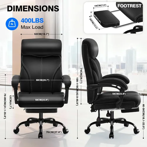 Vista 2 de AreShark Silla de oficina, ergonómica y cómoda silla de escritorio para computadora con respaldo alto y reposapiés, silla reclinable ejecutiva Negro