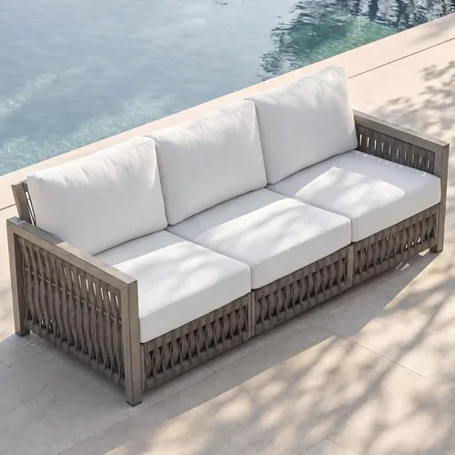 Vista 2 de Sofá de 3 asientos para exteriores, sofás de aluminio para patio con cojines gruesos, nunca se oxidan con tejido de cuerda de 3 plazas, sofá