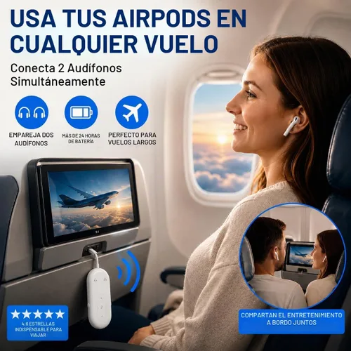 Vista 2 de Adaptador Bluetooth de avión para auriculares, transmisor de audio Bluetooth para AirPods o auriculares inalámbricos, transmisor receptor 2 en 1