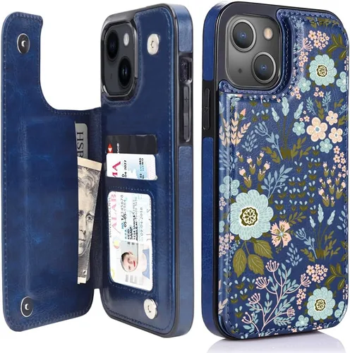 Vista 15 de uCOLOR - Funda tipo cartera para iPhone 15 con tarjetero y diseño de lunares con leche de almendra Bloqueo RFID de piel sintética para mujeres