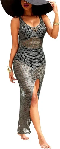 Vista 2 de SeNight Vestido largo de baño sexy sin mangas para mujer con diseño de crochet transparente, para playa