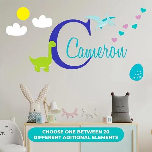 Vista 7 de e-Graphic Design Inc Calcomanías de pared de dinosaurio personalizadas con nombre e inicial, decoración de dormitorio de dinosaurio para niños