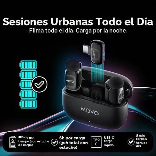 Vista 7 de Movo Kit de micrófono inalámbrico USB-C NanoMic con mango de entrevista, micrófono de entrevista de calle dual para iPhone 15/16/17+, Android y iPad