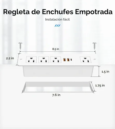 Vista 7 de VILONG Regleta de alimentación empotrada con PD 20W USB-C, salida de cajón empotrada, 4 tomas de corriente y 3 puertos USB, regleta de alimentación