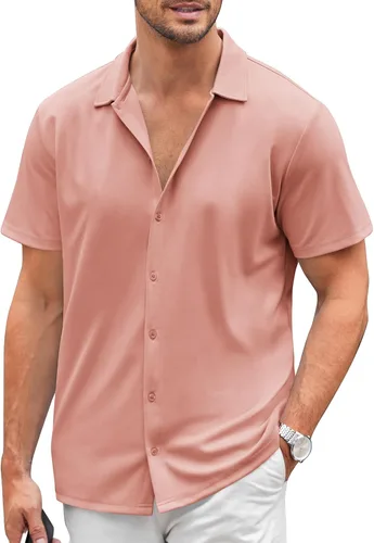 Vista 13 de COOFANDY Camisa casual con botones para hombre, manga corta, sin arrugas, camisa de verano Negro